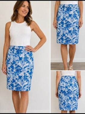 Summer Cotton Blue & White Floral Pencil Skirt - JACOB, Size 2